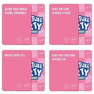 Modern social party game cards with pink interactive question prompts for adults