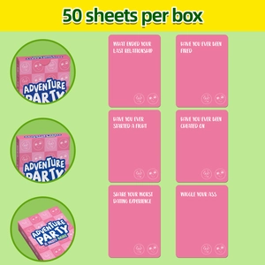 Adventure Party game cards box with 50 sheets of pink interactive question cards