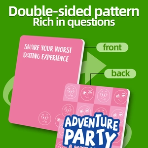 Adventure Party game cards with pink interactive prompts on vibrant green background