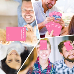 Macro detail of Adventure Party pink social card game showing interactive questions and prompts