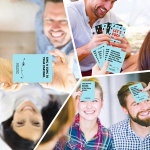 Collage van interactieve spelkaarten voor koppels met spelregels en leuke uitdagingen