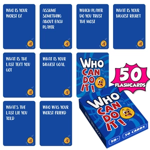 Who Can Do It party game box with 50 flashcards for social adult challenges and interaction
