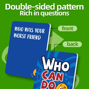 Detailed front and back view of 'Who Can Do It' party game cards with question text