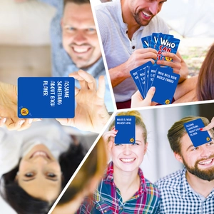 Group of friends playing 'Who Can Do It' social card game in diverse lively party scenes