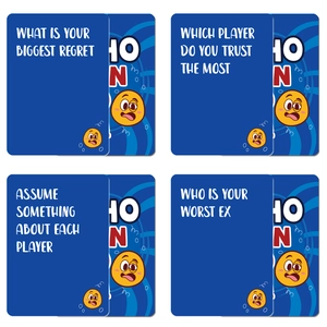 Who Can Do It party card game set featuring deep blue social challenge cards with icons