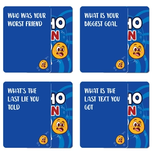 Who Can Do It party card game with blue prompt cards and funny emoji illustrations