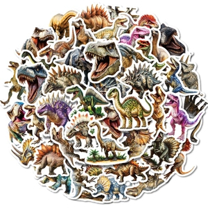 Detaillierte realistische Dinosaurier-Aufkleber mit Tyrannosaurus, Triceratops und weißem Rand