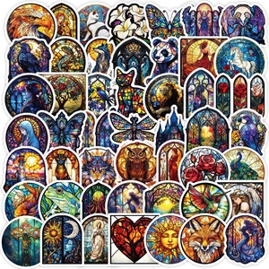 Set of 50 stained glass style stickers featuring animals and art for DIY decoration