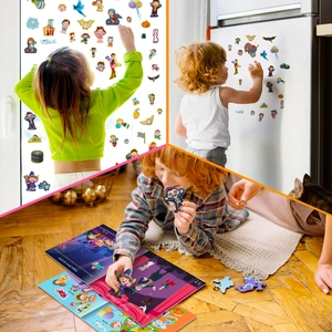 Kids playing with cartoon amusement park electrostatic stickers on windows and books