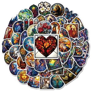 Detailed view of colorful stained glass stickers featuring animals and floral patterns