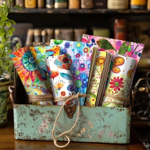 Vintage floral scrapbooking paper bundle tied with hemp rope in a mint iron storage box
