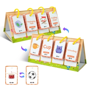Close-up of kids' educational flip cards showing household items on a desktop spiral stand