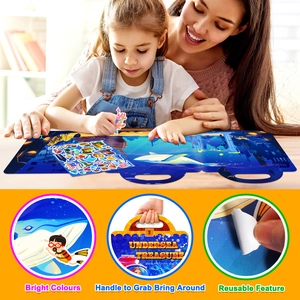 Detail of reusable ocean treasure jelly stickers with bright colors and portable handle design
