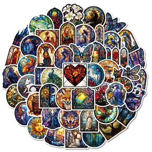 Set of 50 stained glass style stickers featuring animals and gothic window designs
