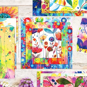 Detailed close-up of colorful floral and leaf pattern scrapbooking background paper