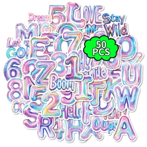 Set of 50 laser gradient alphabet and number stickers with 3D balloon puff texture