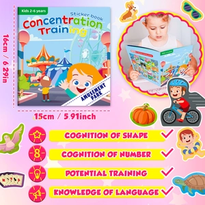 Detailed infographic of amusement park theme DIY sticker book for early learning and skills