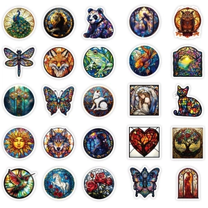 Detailed catalog of 25 colorful mosaic stained glass window stickers for DIY crafts