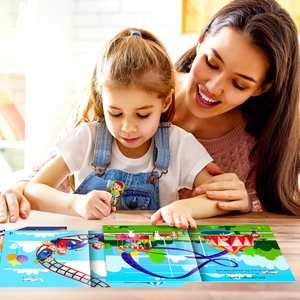 Mother and daughter playing with DIY cartoon amusement park theme education stickers
