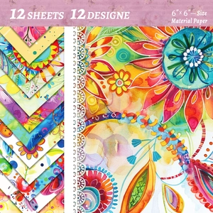 Close-up of 6x6 inch watercolor floral scrapbooking paper with 12 colorful designs