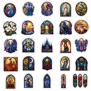 Detailed view of colorful stained glass style stickers with church and animal patterns