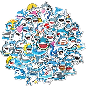 50 pieces of cute cartoon shark stickers for waterproof luggage and laptop decoration