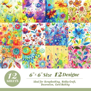 12-sheet colorful watercolor floral scrapbook paper pack for DIY arts and crafts