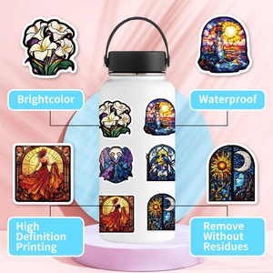 Waterproof stained glass style stickers shown on a white bottle with colorful floral designs