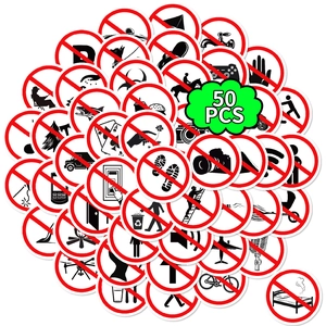50 non-repeating prohibitive warning sign stickers with diverse red circle icons on white