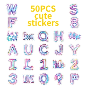 Detail of 50pcs shiny laser stickers with colorful balloon style letters and numbers
