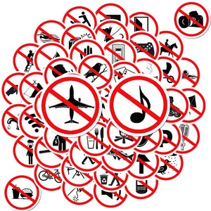 Pack of 50 universal warning and prohibition sign stickers with red circle icons