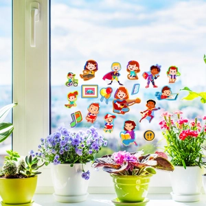 Pegatinas educativas de ventana para niños con figuras de dibujos y plantas