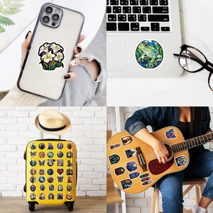 Stained glass stickers shown on phone case, laptop, suitcase and wooden guitar