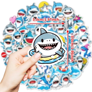 Waterproof cartoon shark stickers for laptops and suitcases showing 5cm size dimension