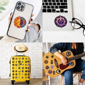 Künstlerische Sonnen- und Mondaufkleber auf Laptop, Handyhülle, Koffer und Gitarre