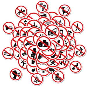 Pack of 50 assorted PVC waterproof safety warning stickers with red circle sign icons