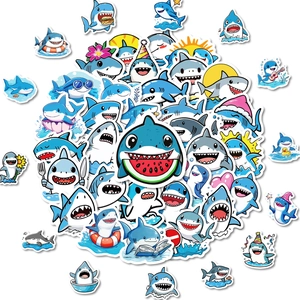 Macro detail of waterproof cartoon shark stickers for laptops and water bottles