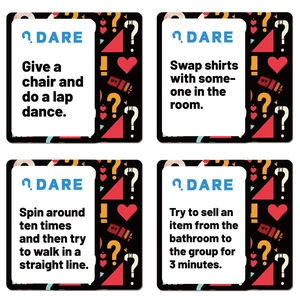 Detail view of four creative party game cards with dare prompts and pop art patterns