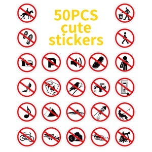 Set of 50 waterproof PVC warning sign stickers featuring various prohibition symbols