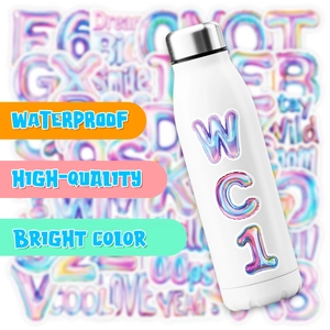 3D colorful bubble letters and numbers stickers applied on a white thermal water bottle