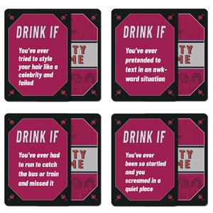 Drinking game cards for adult parties featuring black and pink geometric design patterns