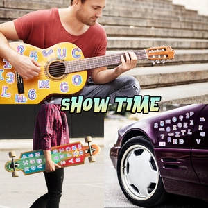 DIY waterproof alphabet and number sticker set shown on guitar, car, and skateboard