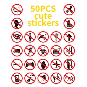 Detailed catalog of 50 unique warning and prohibition sign stickers on white background