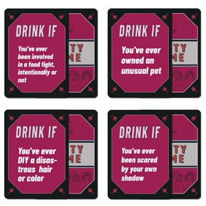 Detail of drinking game cards with social interactive commands in pink and black design