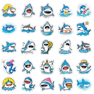 Detailed grid of 25 cute shark stickers with waterproof cartoon designs for luggage and laptops