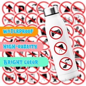 Waterproof warning stickers with gaming and sign patterns applied on a white metal bottle