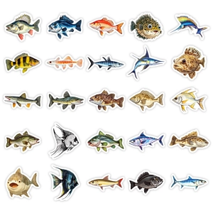 Détail de 25 autocollants de pêche étanches en PVC avec diverses illustrations de poissons