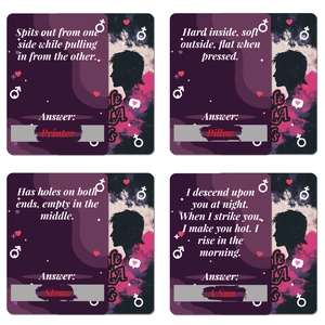 Detailed view of four English riddle scratch cards for couples with romantic purple design