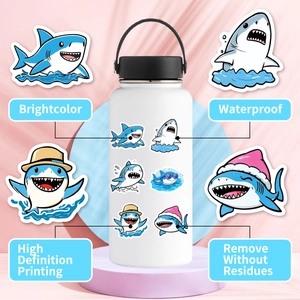 Waterproof cartoon shark stickers on water bottle showing high-definition printing