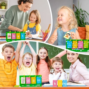 Pädagogisches Klappkarten-Set für Phonetik zeigt Familienszenen und Klasseninteraktion